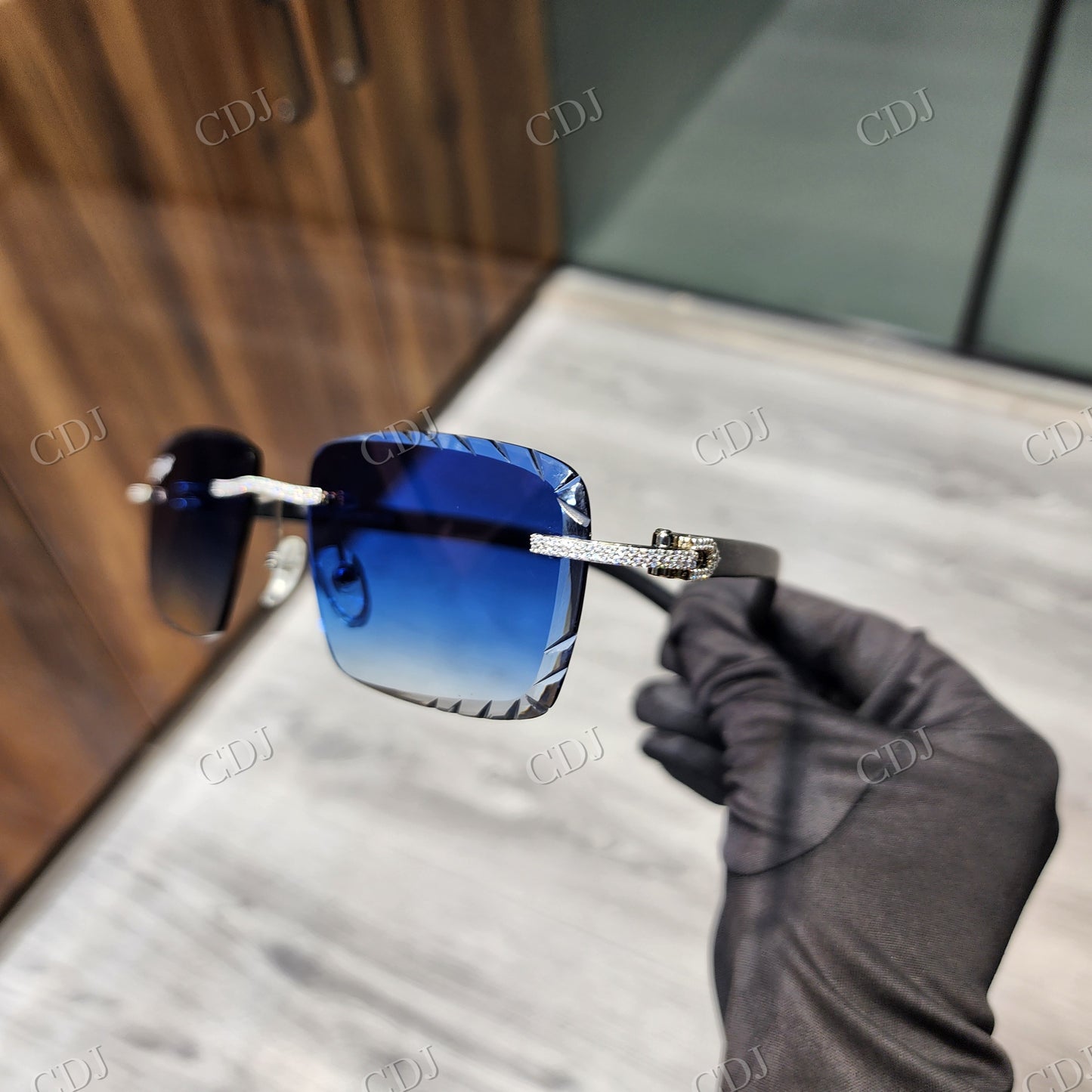 Custom Blue Lenses Moissanite Studded Glasses