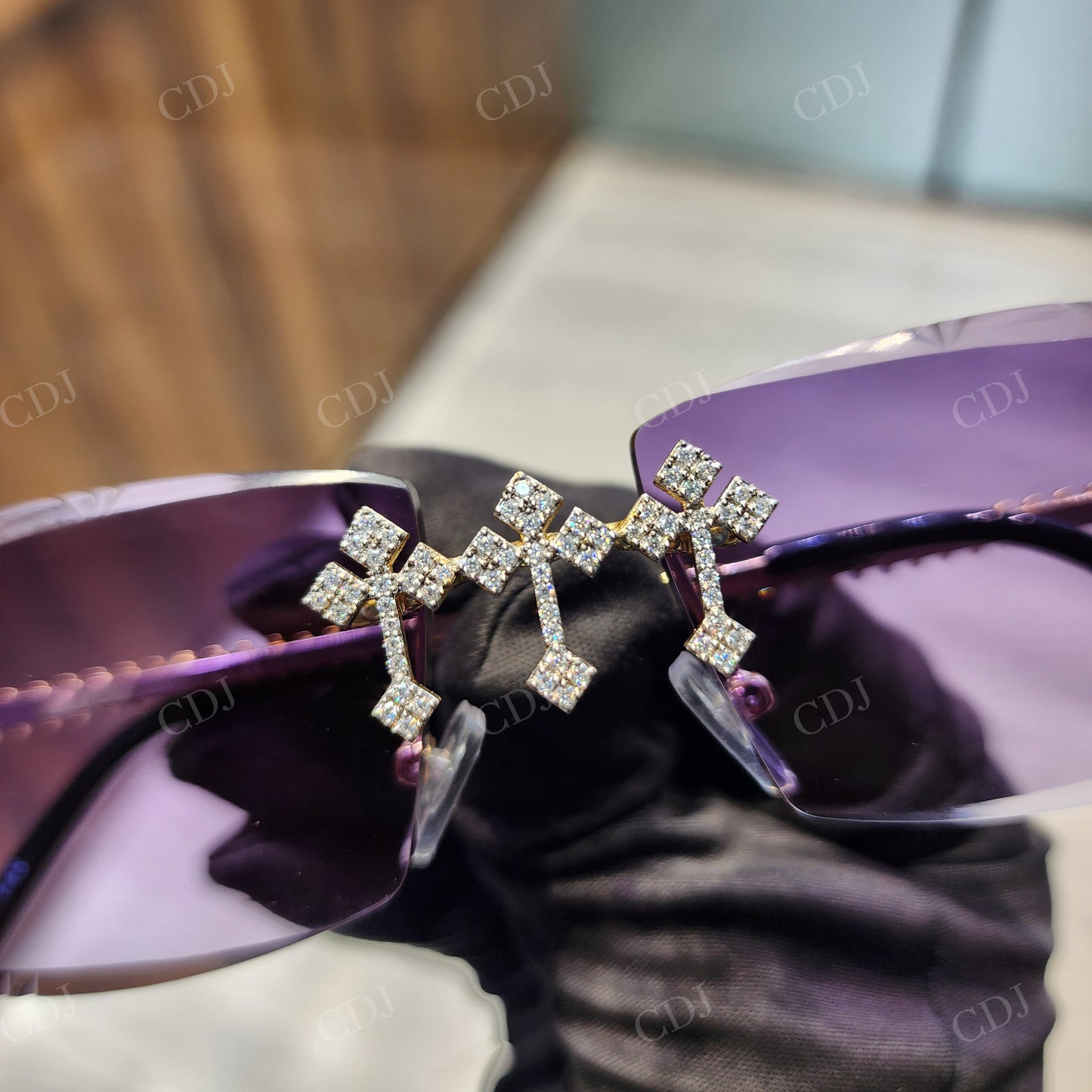 Fully Iced Out Purple Shades Moissanite Cross Sunglasses